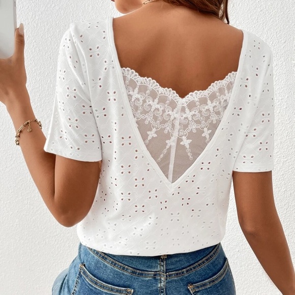 Tops - Boho Lace Eyelet Short Sleeve Top
